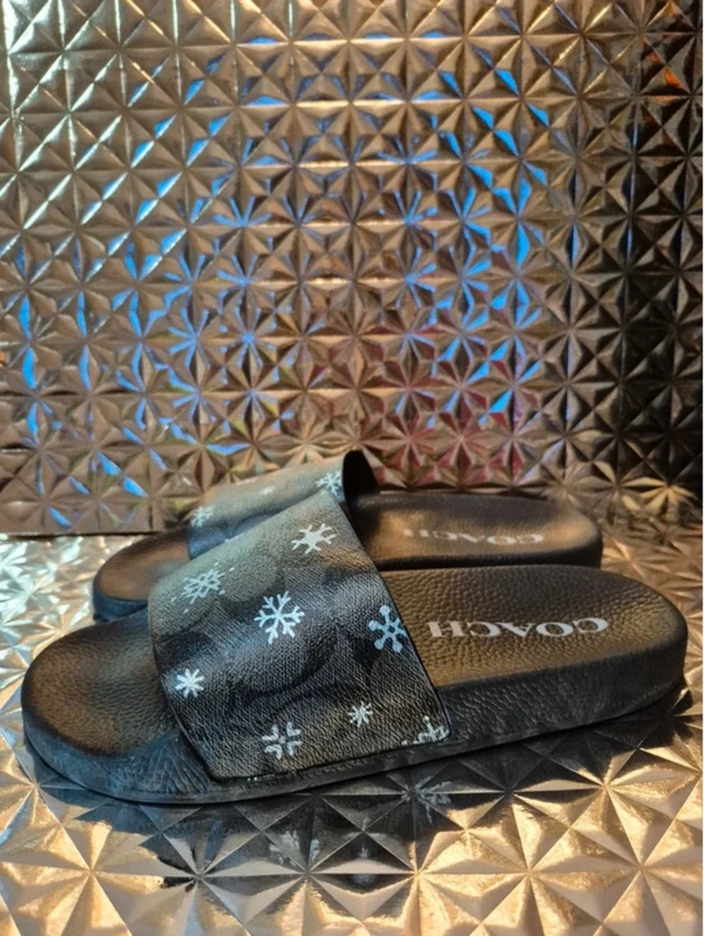 Coach Women's Black Slides Size 9 with Snowflake Design